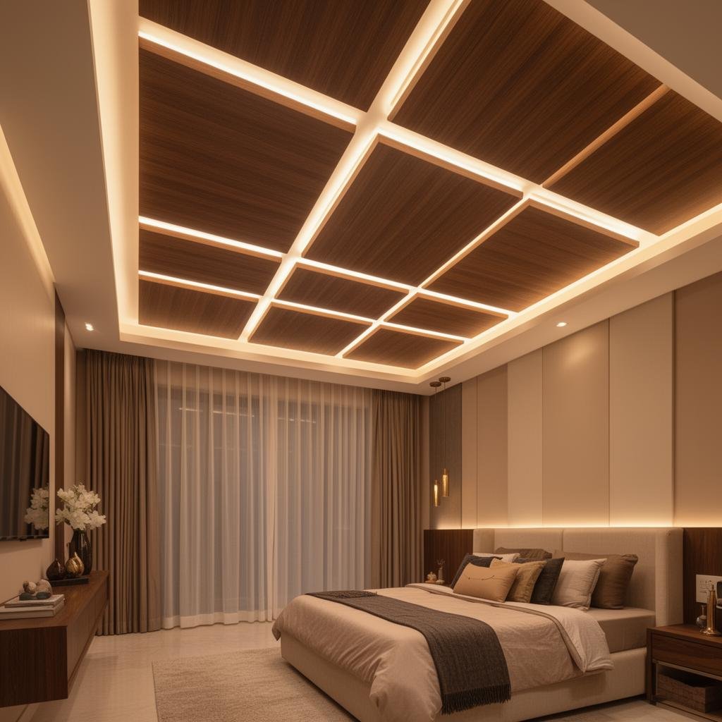 Wooden Grid Ceiling — Bedroom