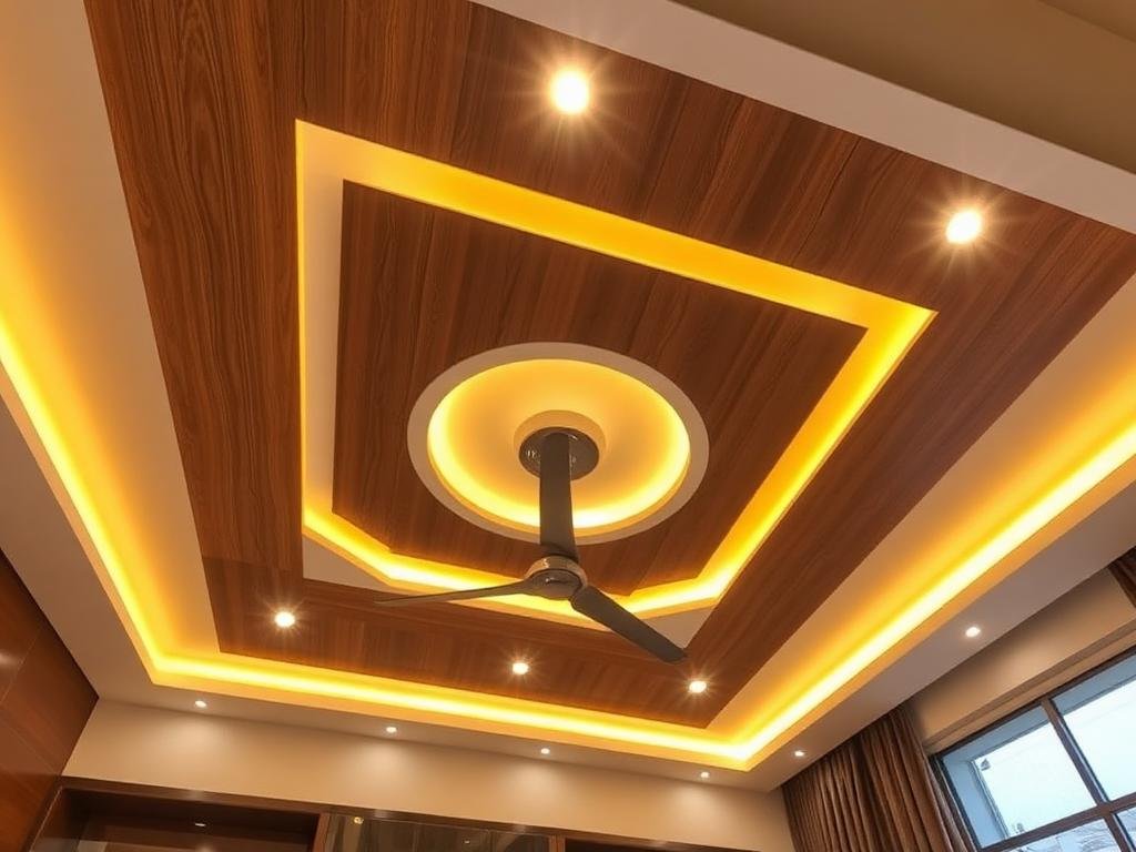 Living Room False Ceiling with Recessed Lights & Fan Integration