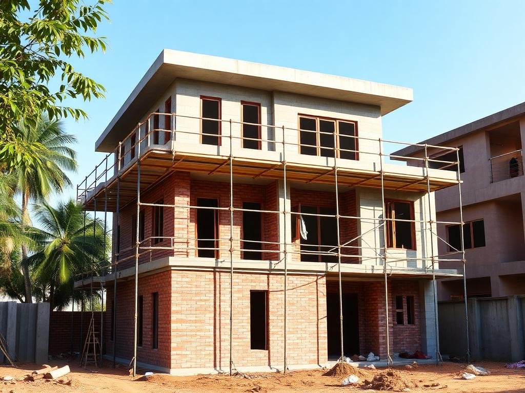 Villa Under Construction with Scaffolding & Brick Masonry Work
