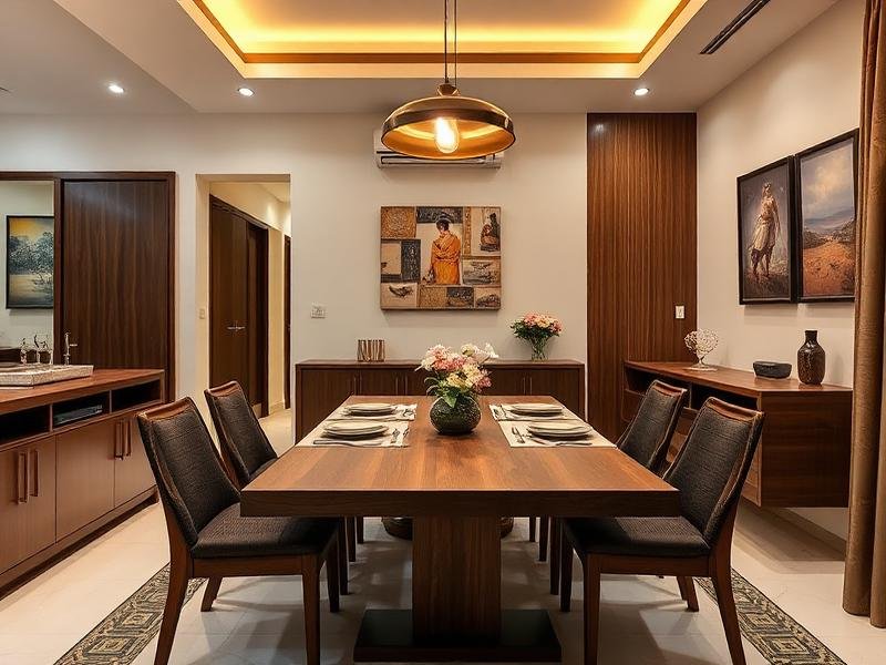 6-Seater Wooden Dining Set with Pendant Lighting & Wall Art