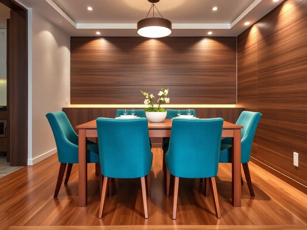Modern Dining Room with Cove Lighting & Wooden Paneling