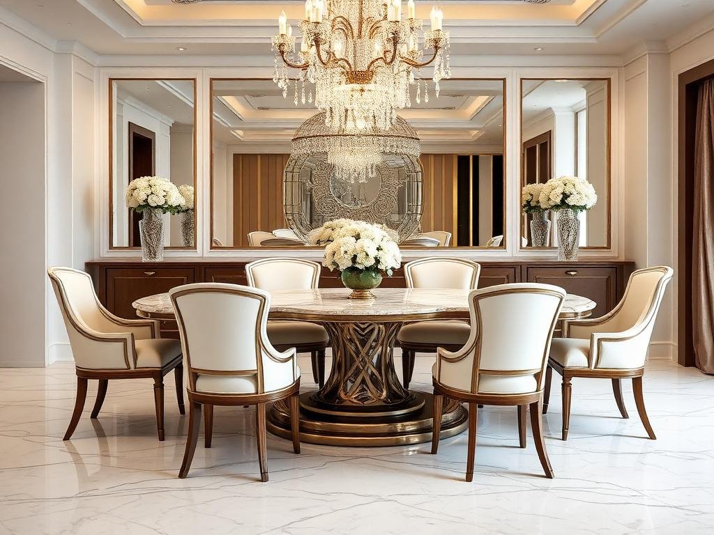 8-Seater Marble Top Dining Table with Crystal Chandelier