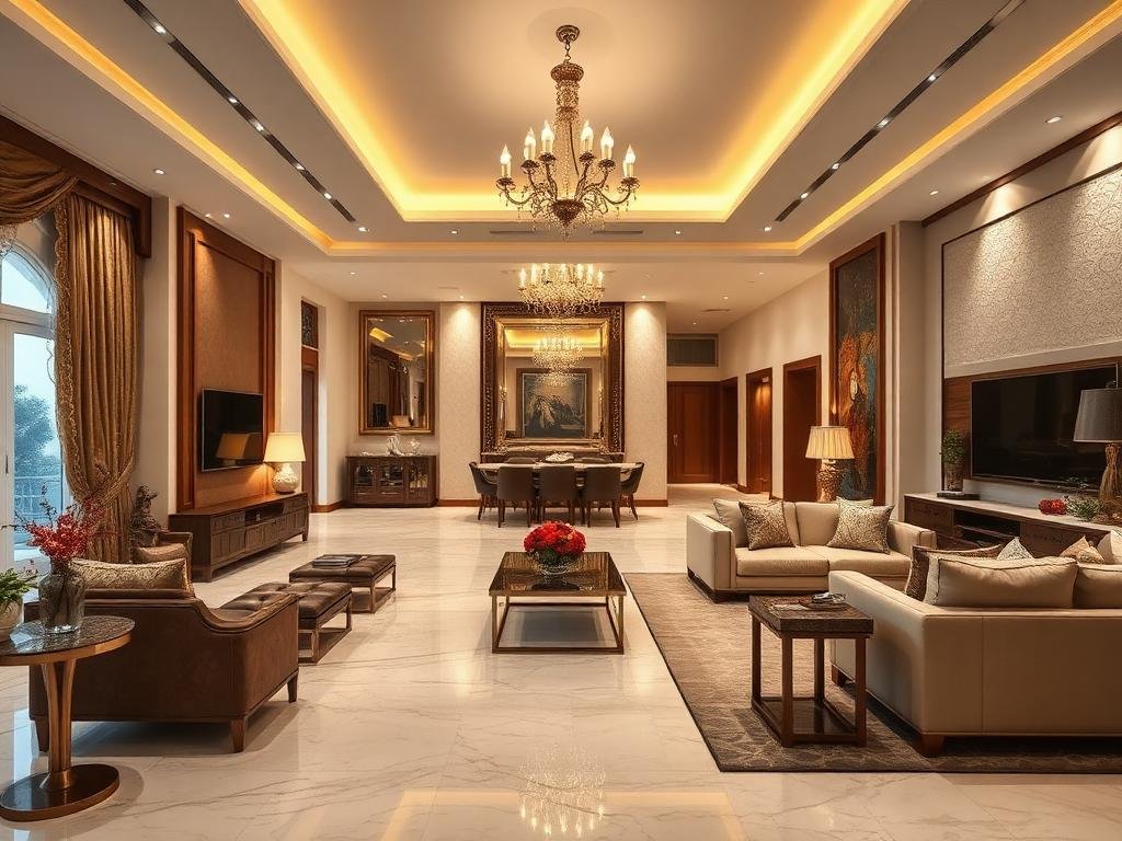 Luxury Living Room with Premium Sofa Set, False Ceiling & Chandelier