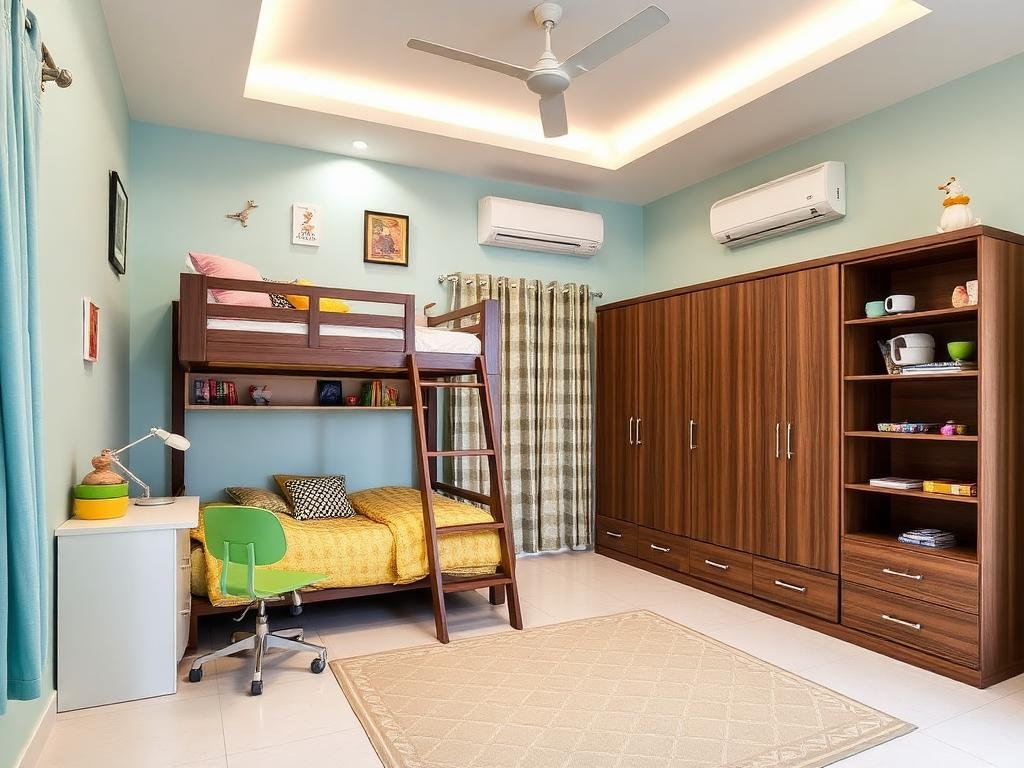 Kids Room with Bunk Bed, Study Table & Playful Theme