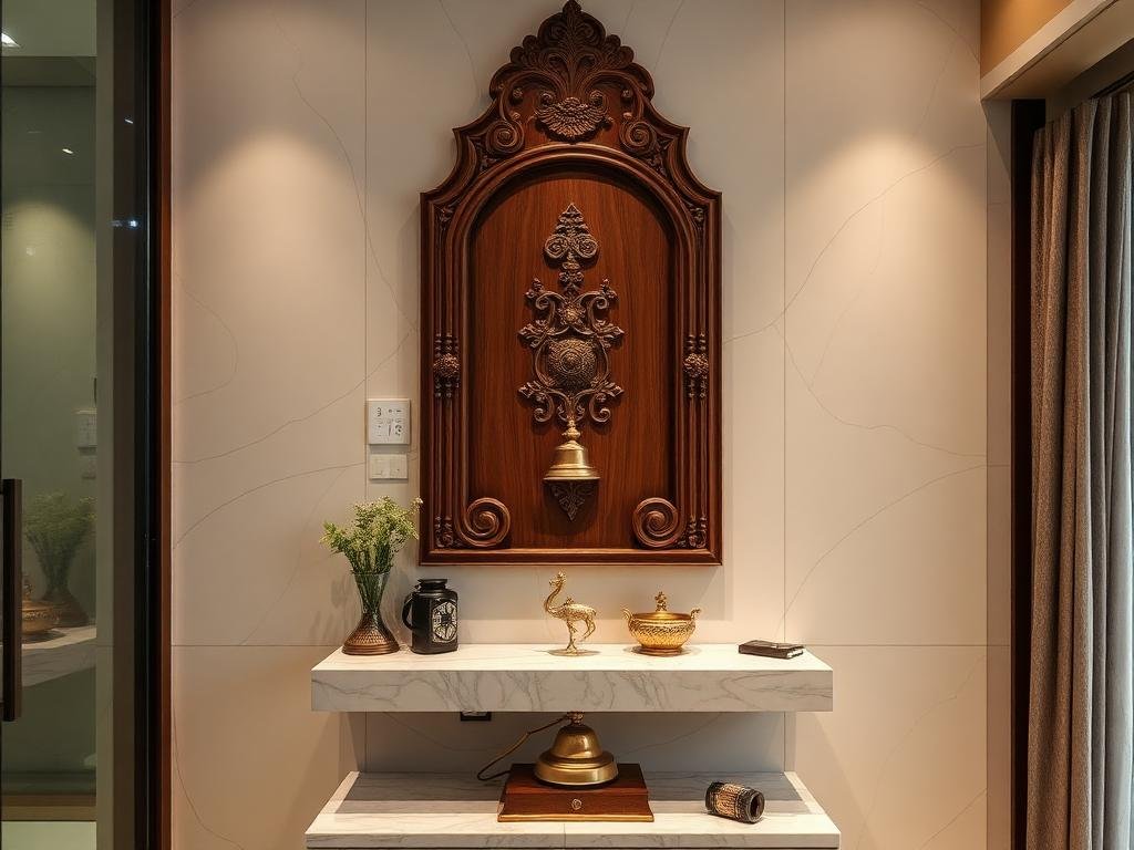 Traditional Pooja Room with Carved Wooden Panel & Marble Shelf