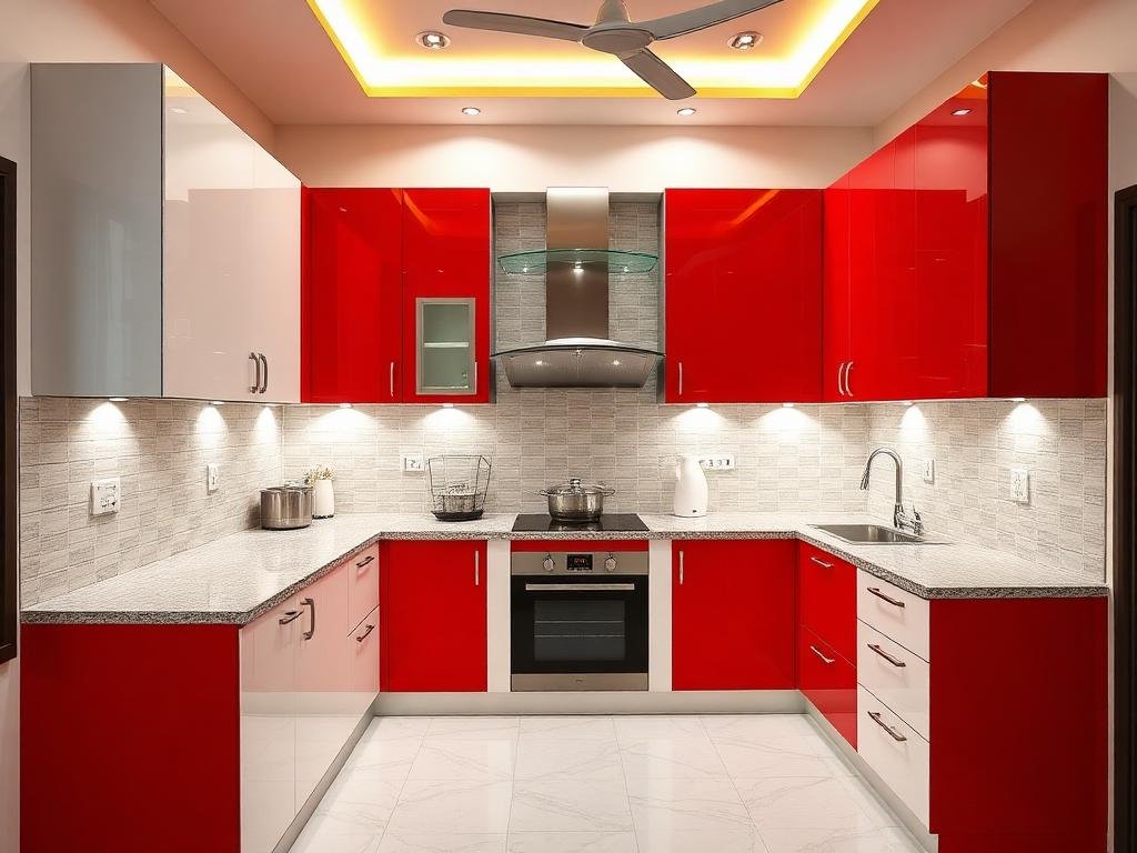 U-Shaped Kitchen with Premium Maroon Finish & Granite Top