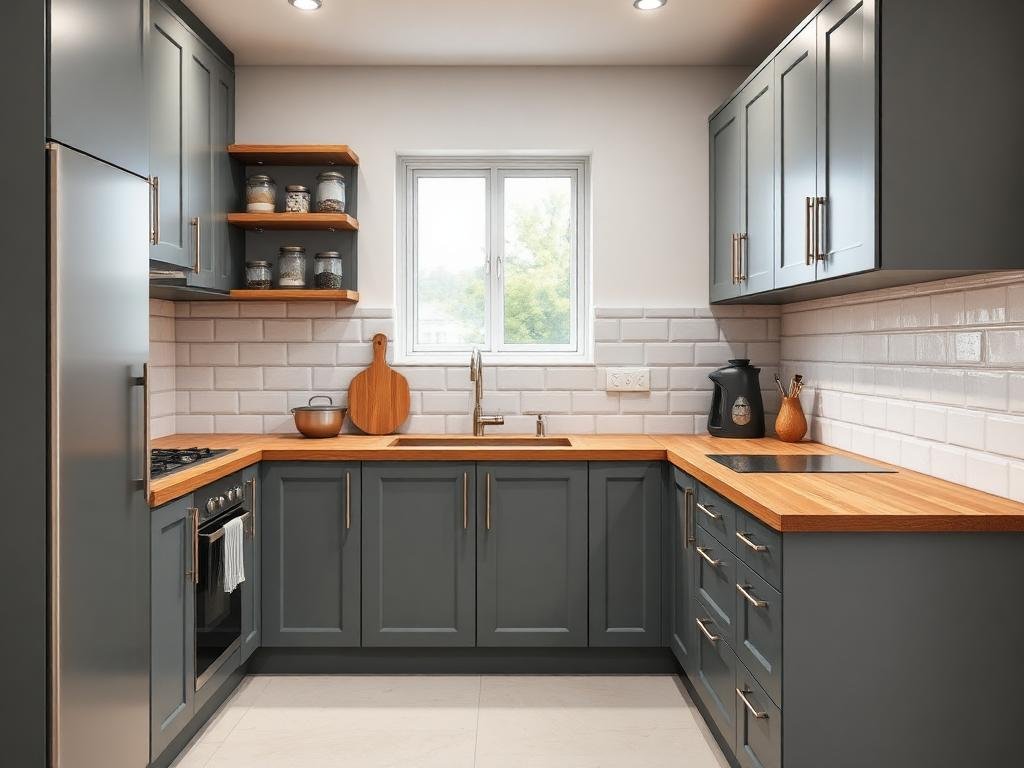 Compact L-Shaped Kitchen with Wooden Countertop & Smart Storage