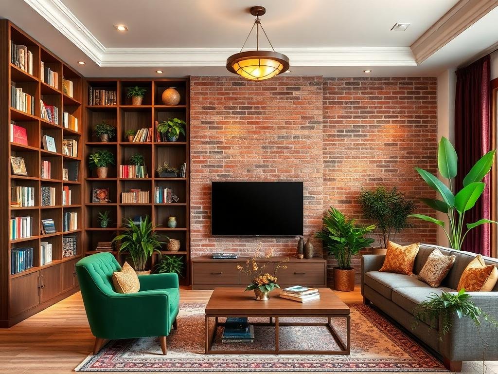 Premium Living Room with Bookshelf & Accent Wall