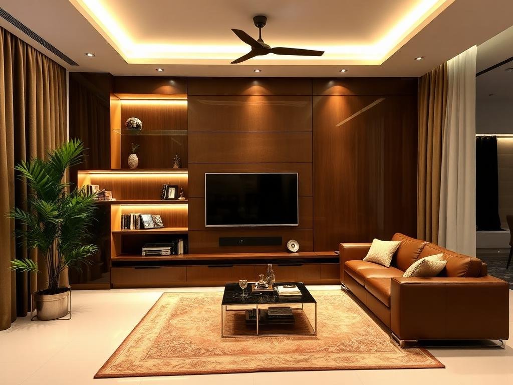 Living Room TV Unit with Display Shelves & Ambient Lighting