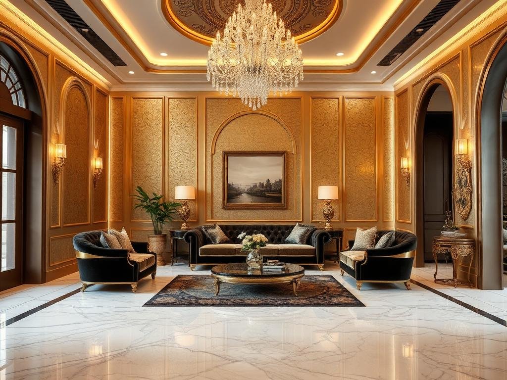 Royal Living Room with Italian Marble, Gold-Leaf Accents & Crystal Chandelier