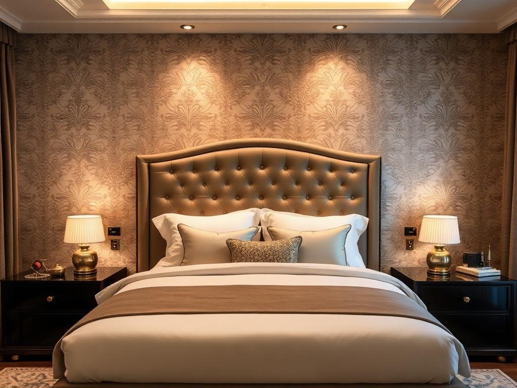 Premium Master Suite with Imported Wallpaper & Tufted Headboard