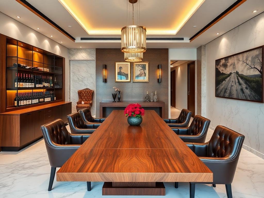 Bespoke Dining Room with Handcrafted Wooden Table & Leather Chairs