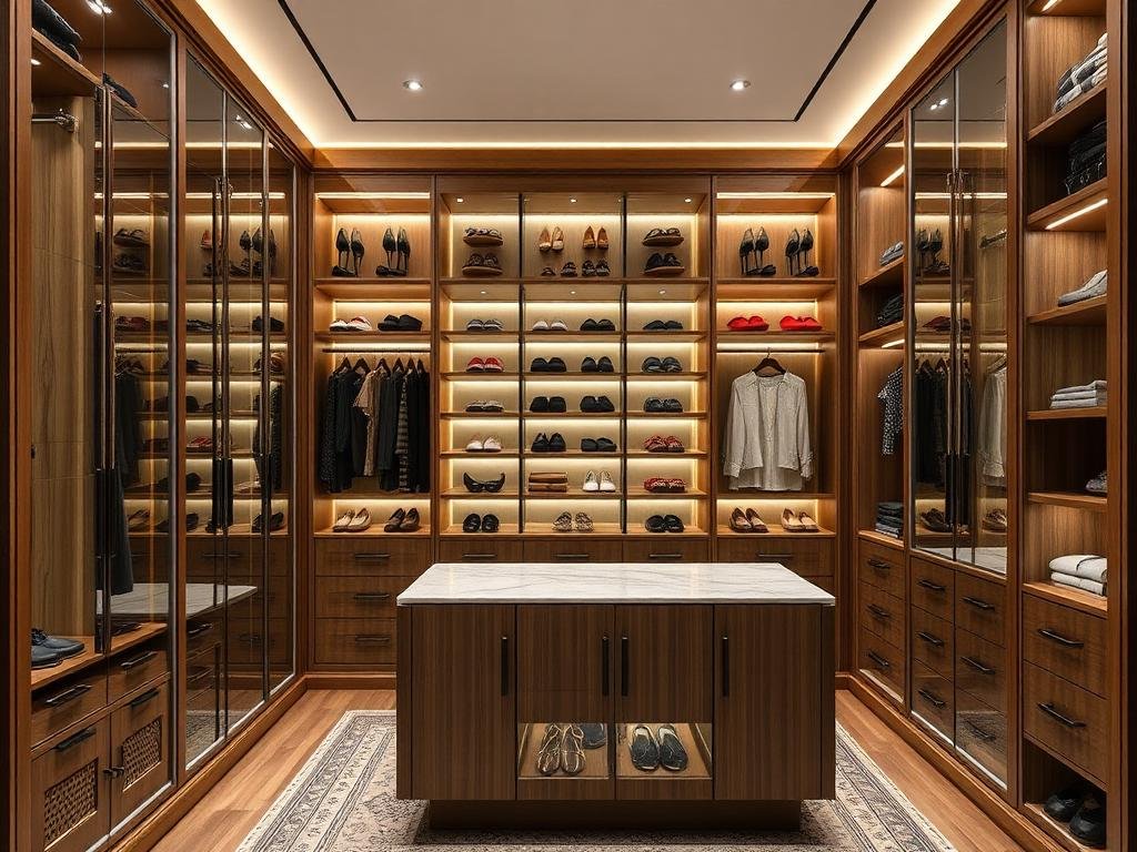 Walk-in Wardrobe with Glass Doors, LED Interior & Island Dresser