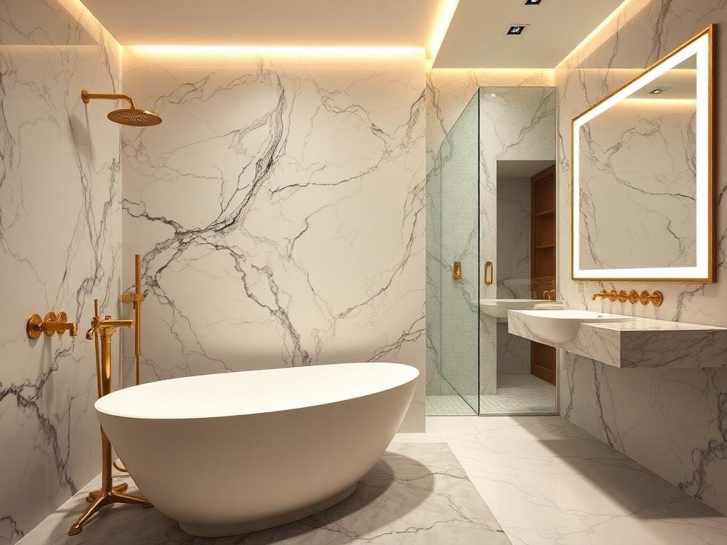 Luxury Bathroom with Freestanding Bathtub, Marble Walls & Gold Fittings