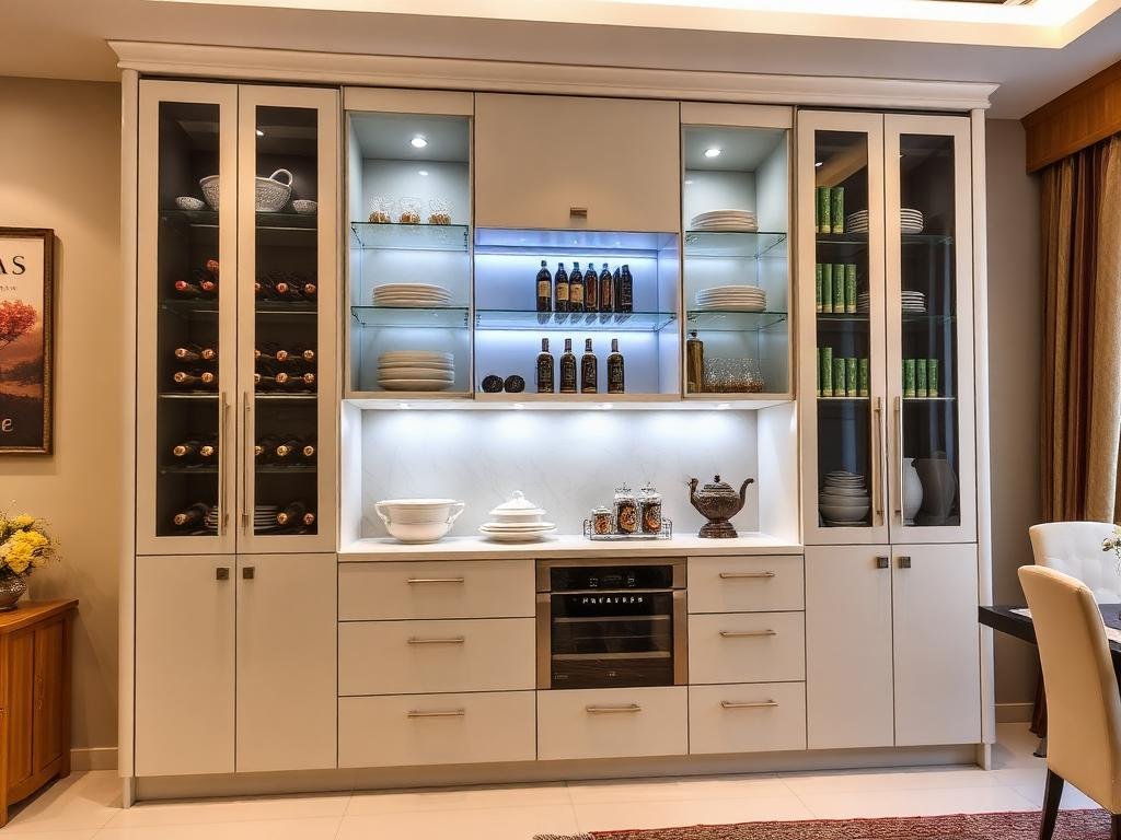 Crockery Unit with Glass Doors, Wine Rack & LED Interior